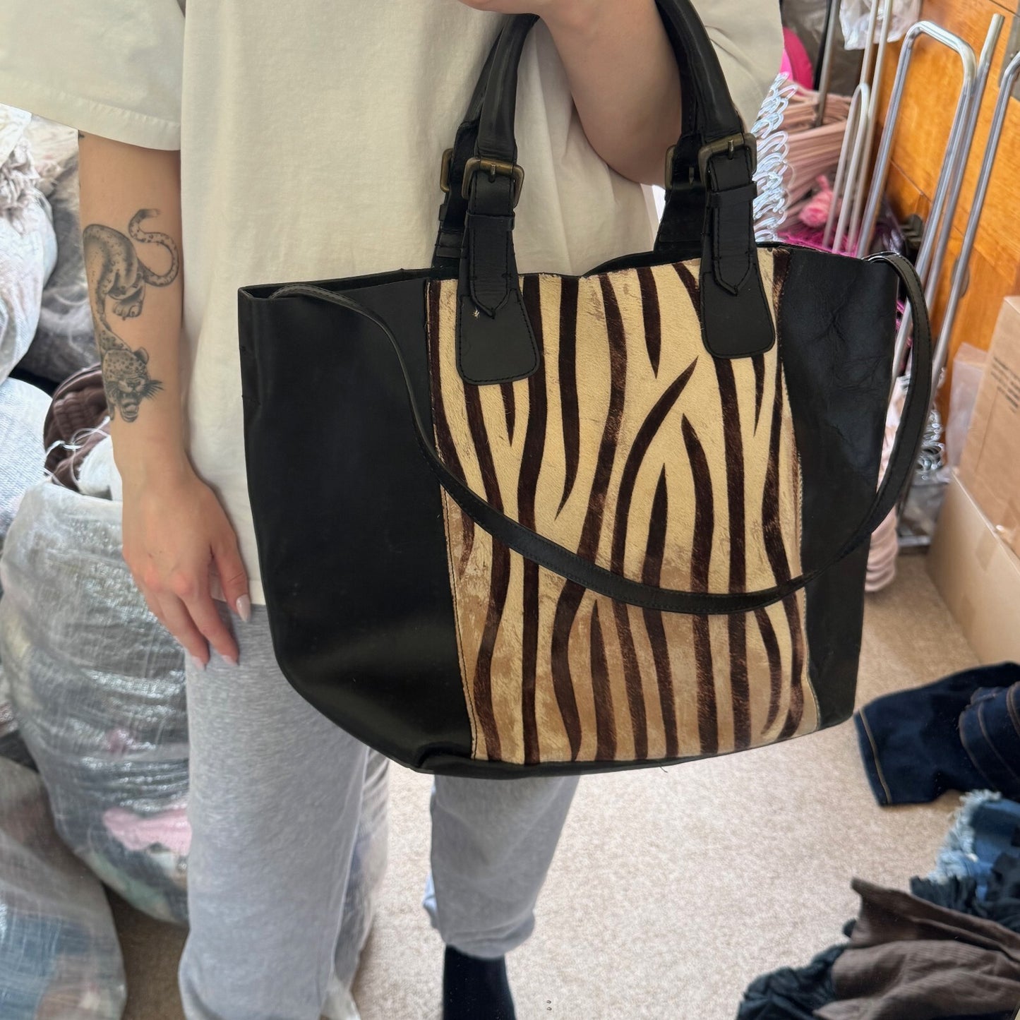 Y2K vintage pony hair large handbag with strap zebra genuine leather