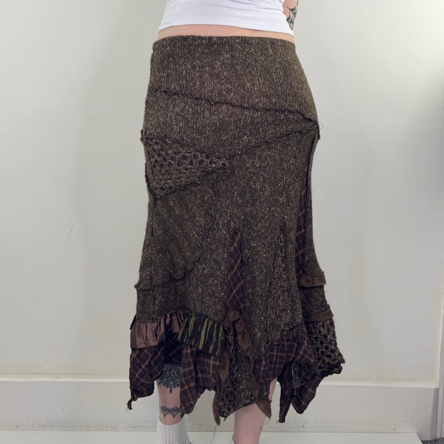 Y2K vintage Juju & Christine maxi skirt knit patchwork buckle boho asymmetrical