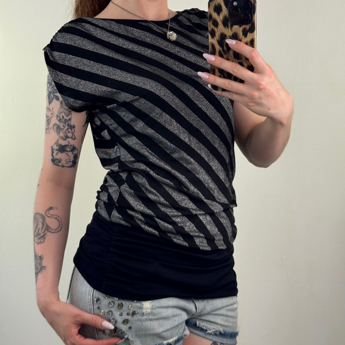 Y2K vintages stripe t-shirt short sleeve top slouchy straight neck sparkly