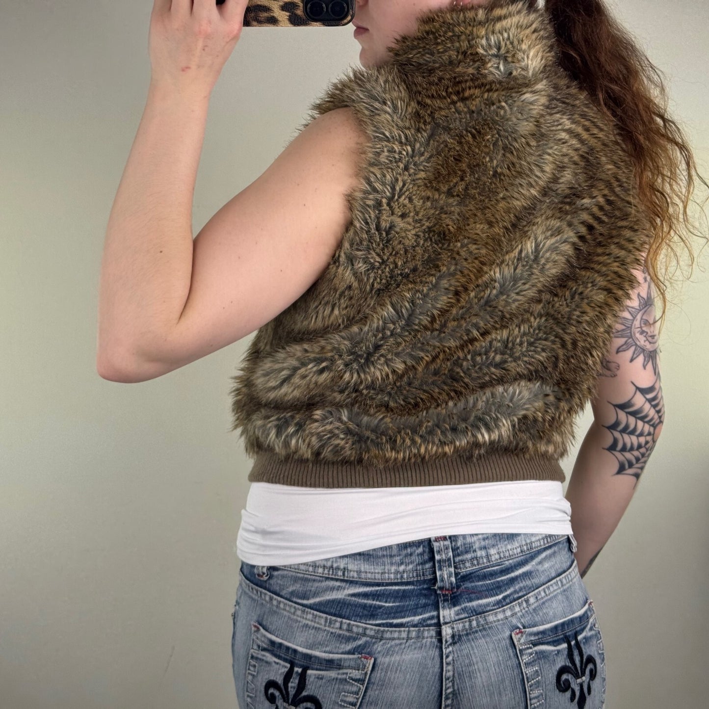 Y2K vintage faux fur gilet short bodywarmer zip up high neck suede trim brown