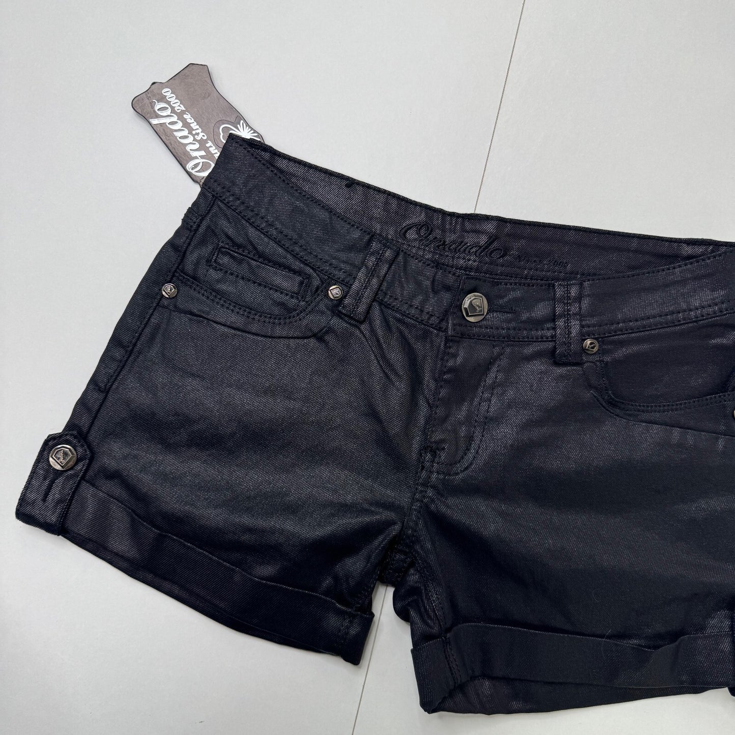 Y2K vintage denim mini shorts low rise stretchy turned up shiny look