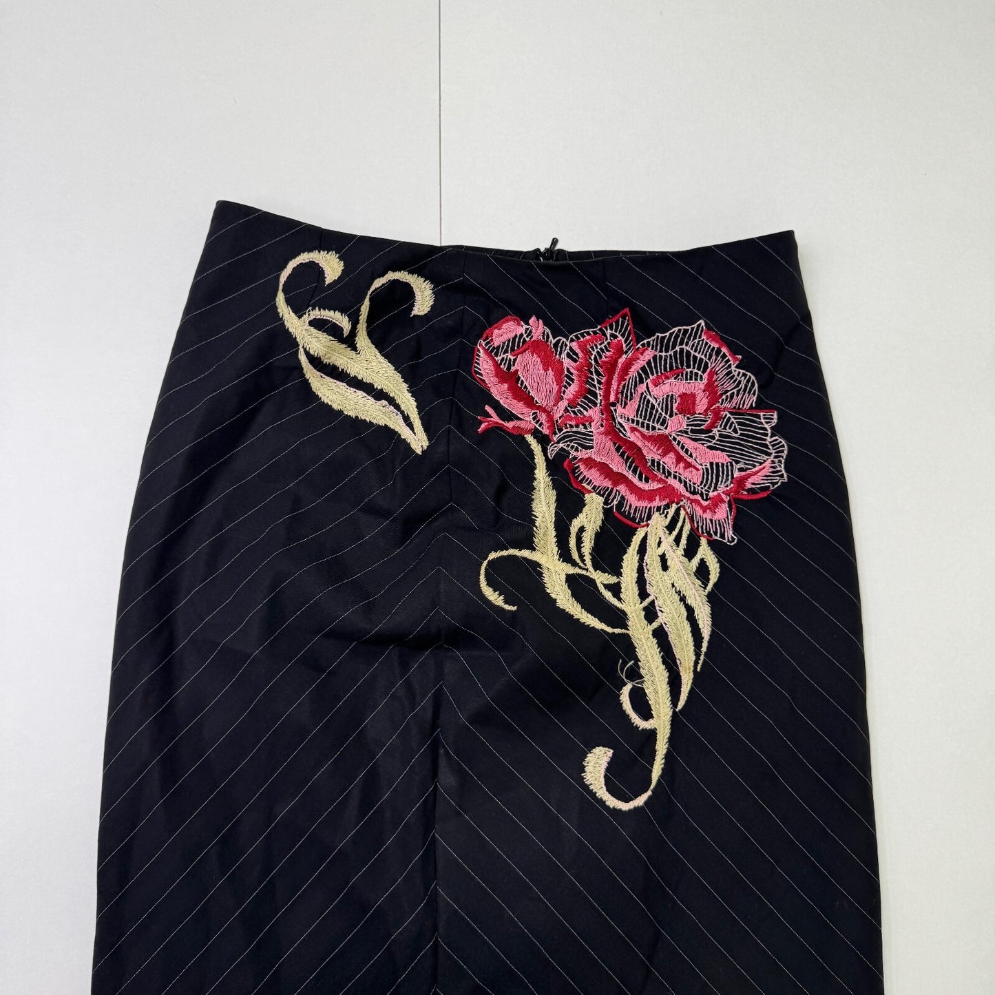 Y2K vintage Karen Millen midi skirt pinstripe floral embroidered virgin wool