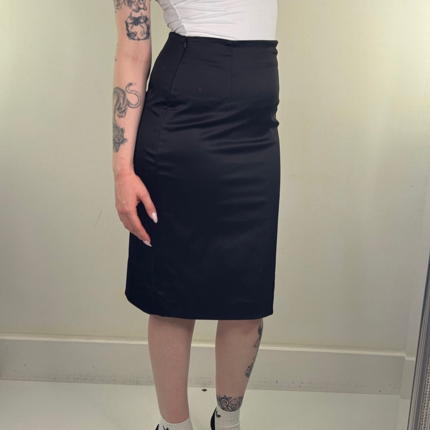 Y2K vintage satin midi skirt fitted tailored slit knee length formal high waist