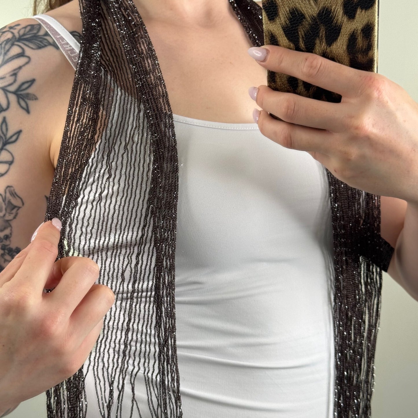 Y2K vintage scarf fine knit sparkly glitter fringe brown sheer
