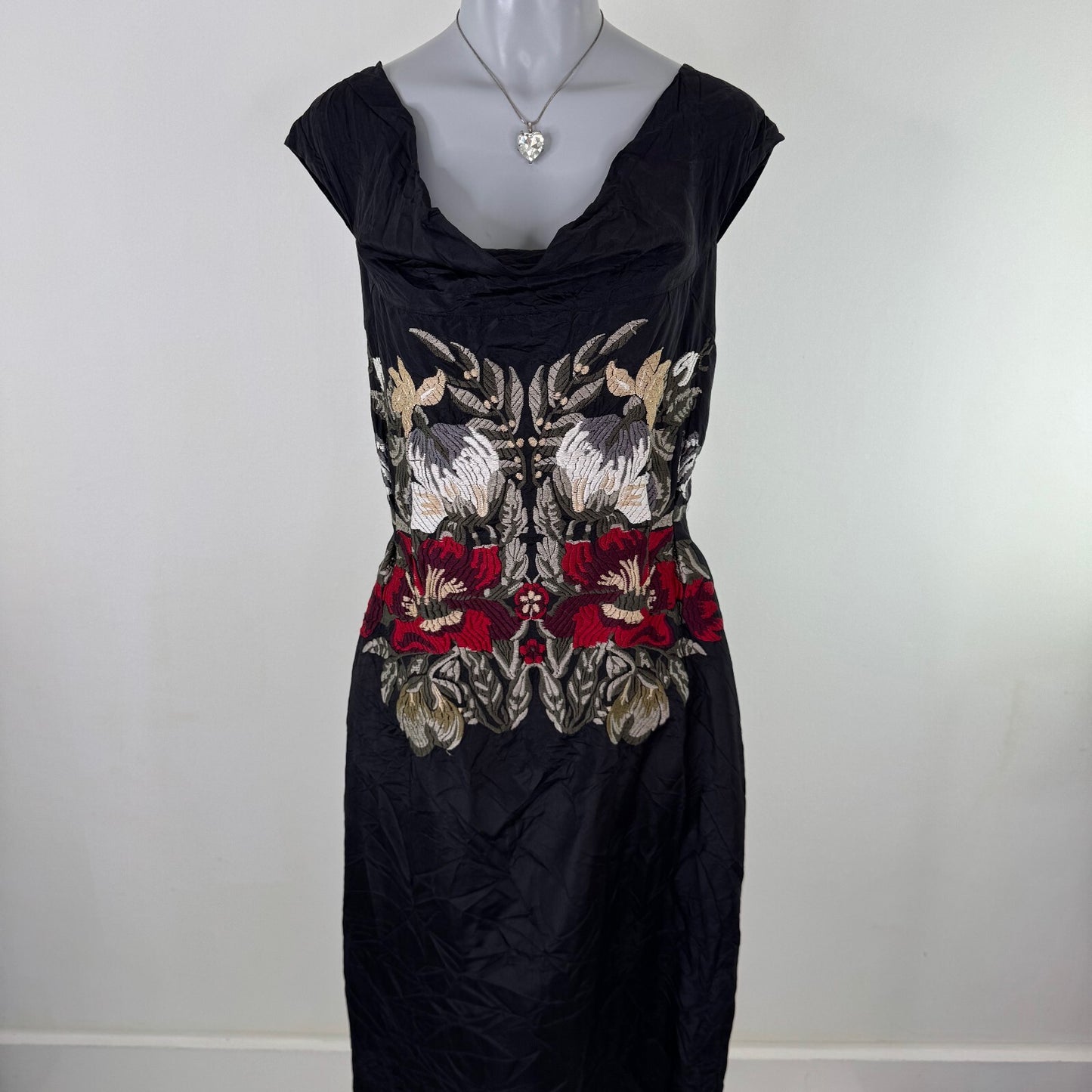 Vintage Nicole Farhi 100% silk midi dress embroidered floral cowl neckline