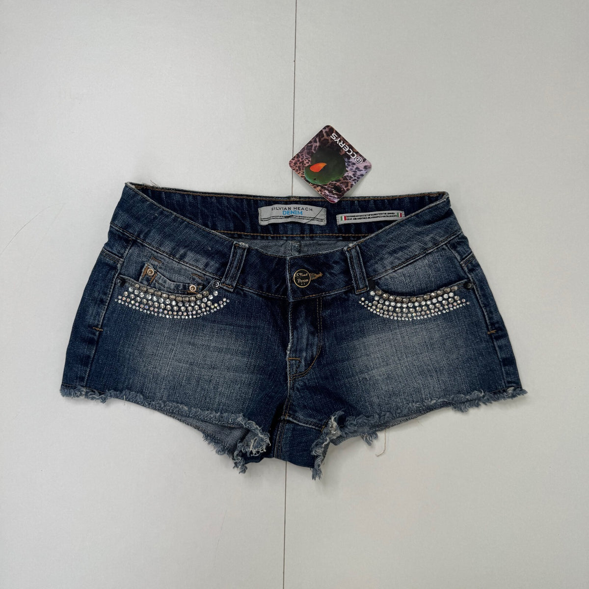 Vintage Y2K low rise denim mini shorts studded rhinestone dark faded wash