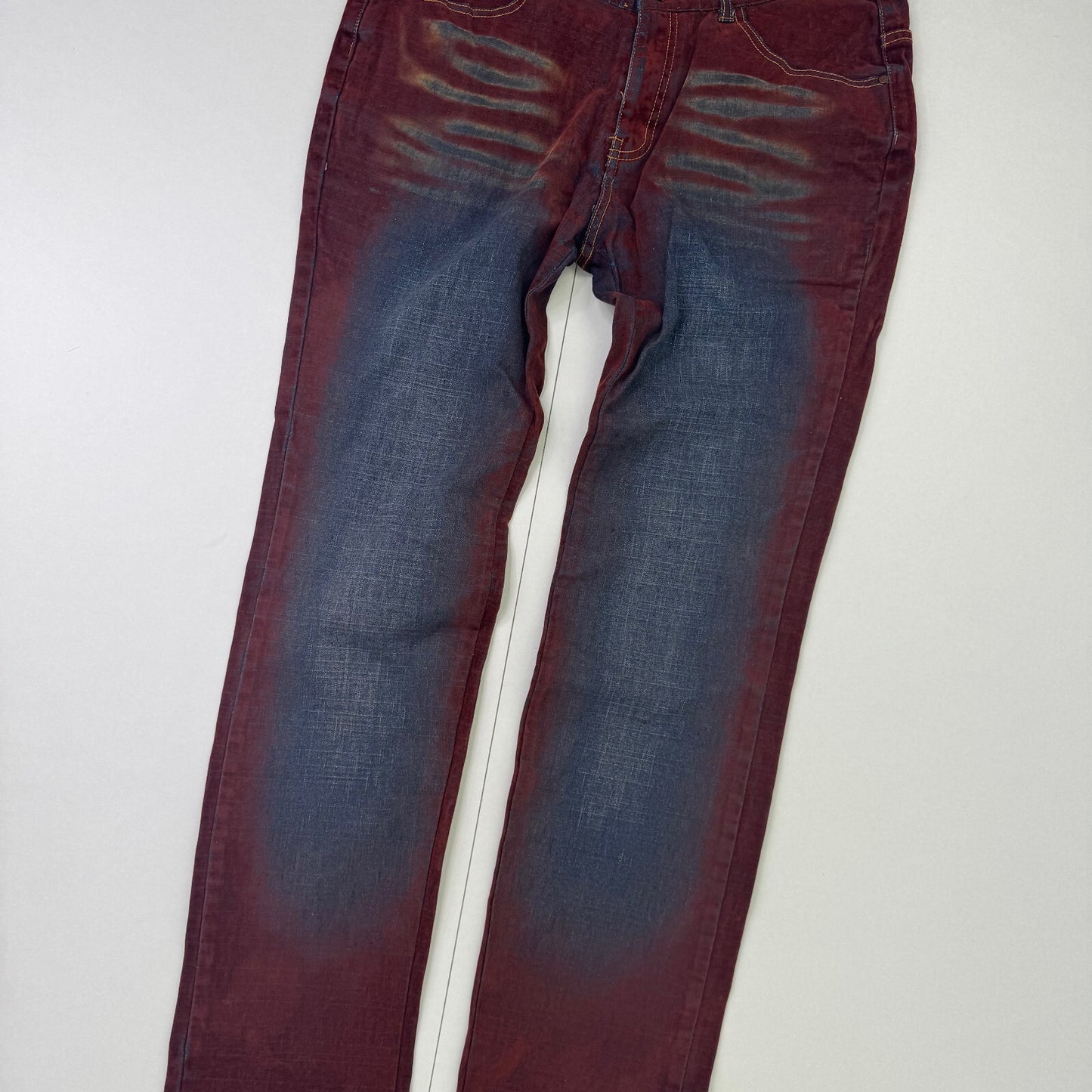 Y2K vintage faux suede jeans denim straight leg blue burgundy contrast stitch