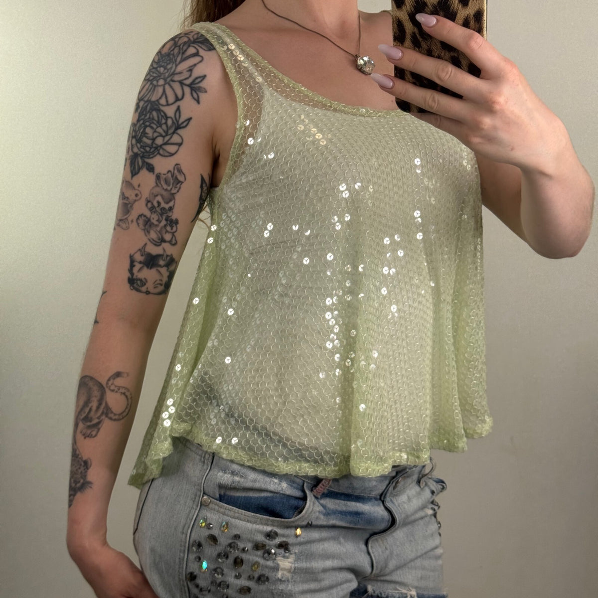 Y2K vintage tank top sequin embellished sheer light green asymmetrical