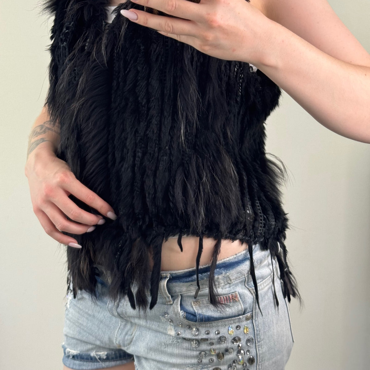 Vintage rabbit/ marmot gilet genuine fur collar trim sleeveless jacket black