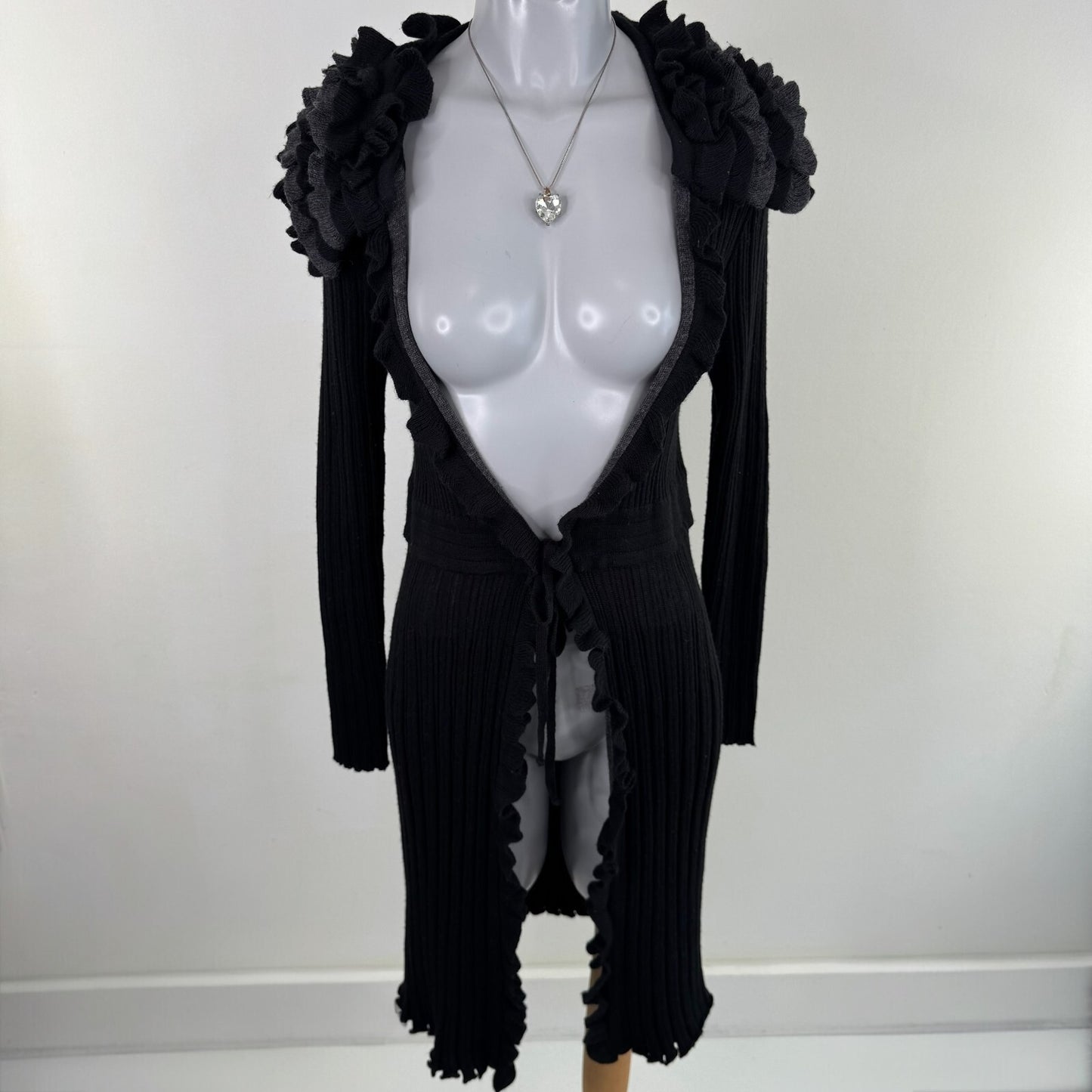 Y2K vintage Per Una cardigan wool blend long knit open bust bow ruffle frill