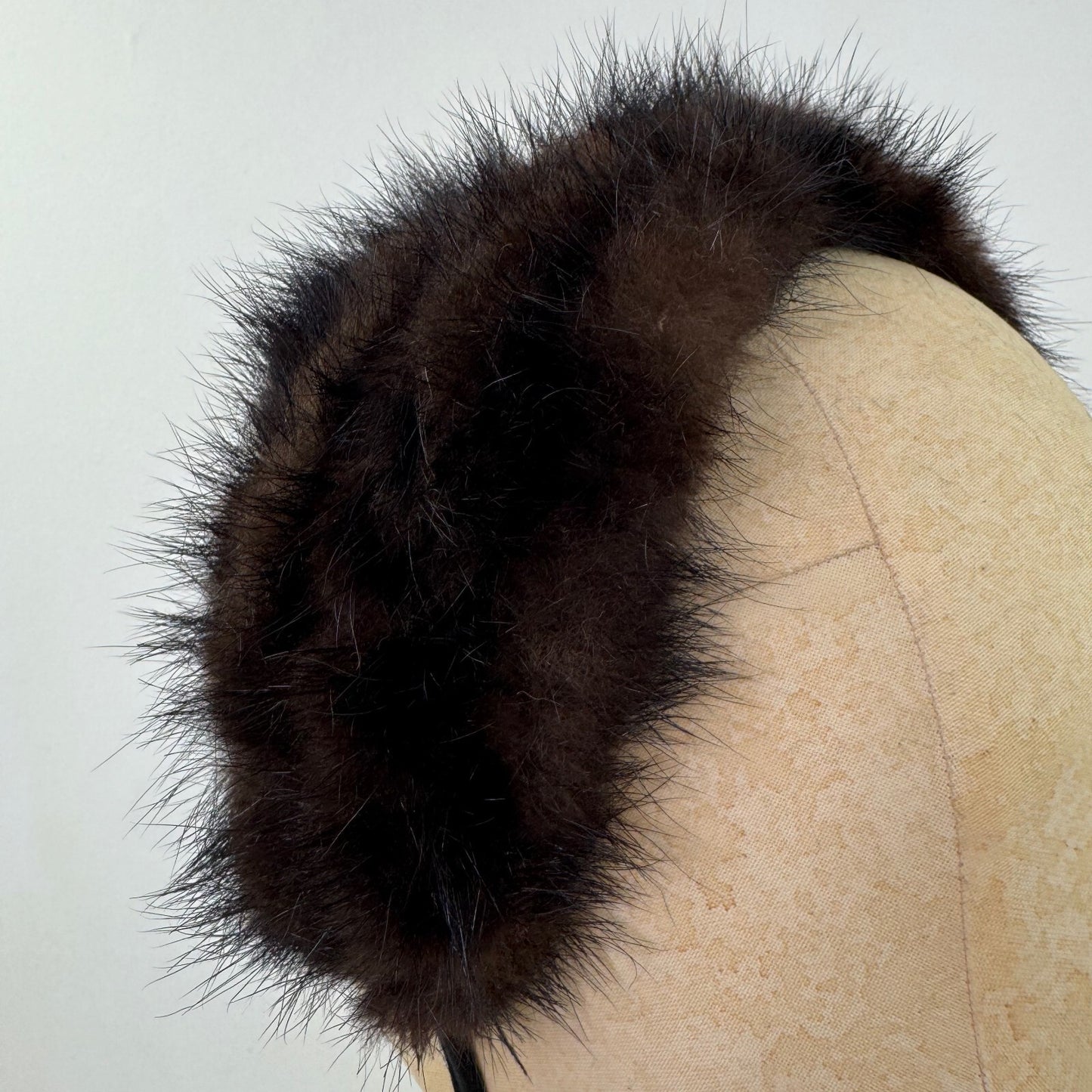 Vintage genuine fur headband hair band dark brown fluffy