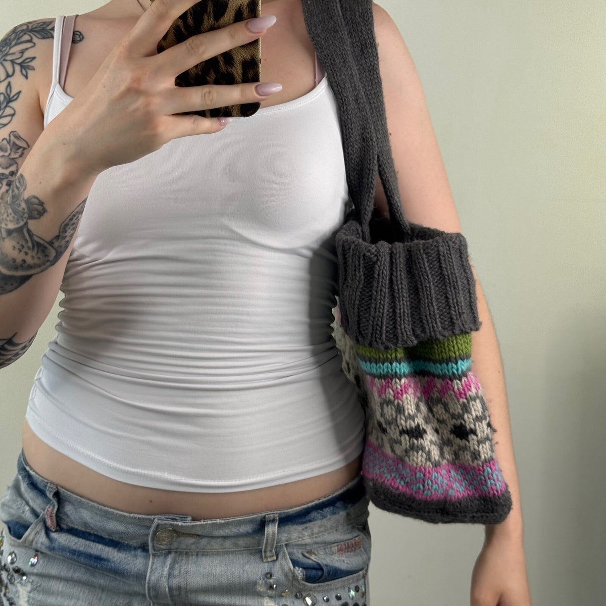 Y2K vintage wool shoulder bag pattern knitted medium boho ribbed floral stripe