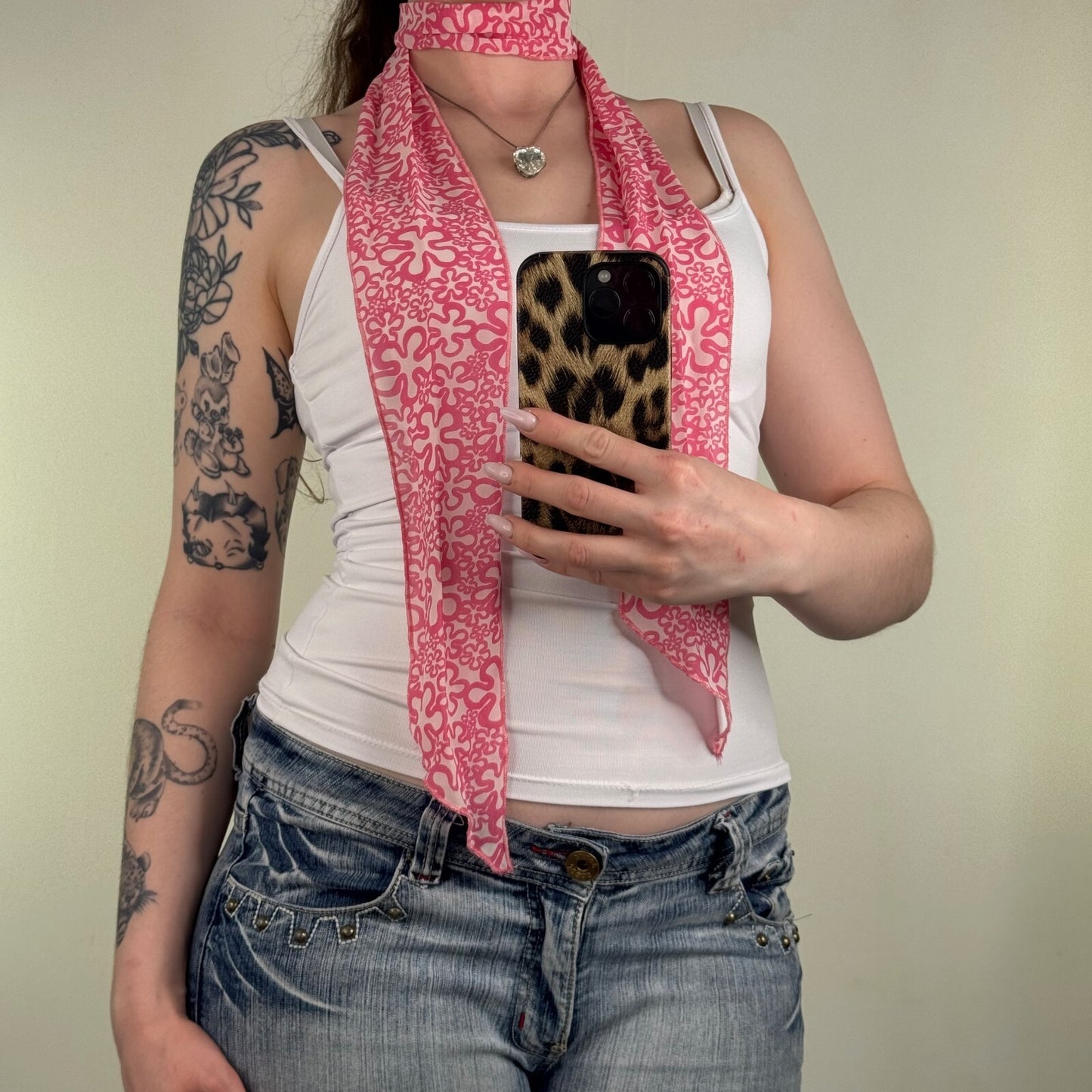 Y2K vintage scarf skinny thin sheer floral print white pink