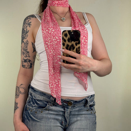 Y2K vintage scarf skinny thin sheer floral print white pink
