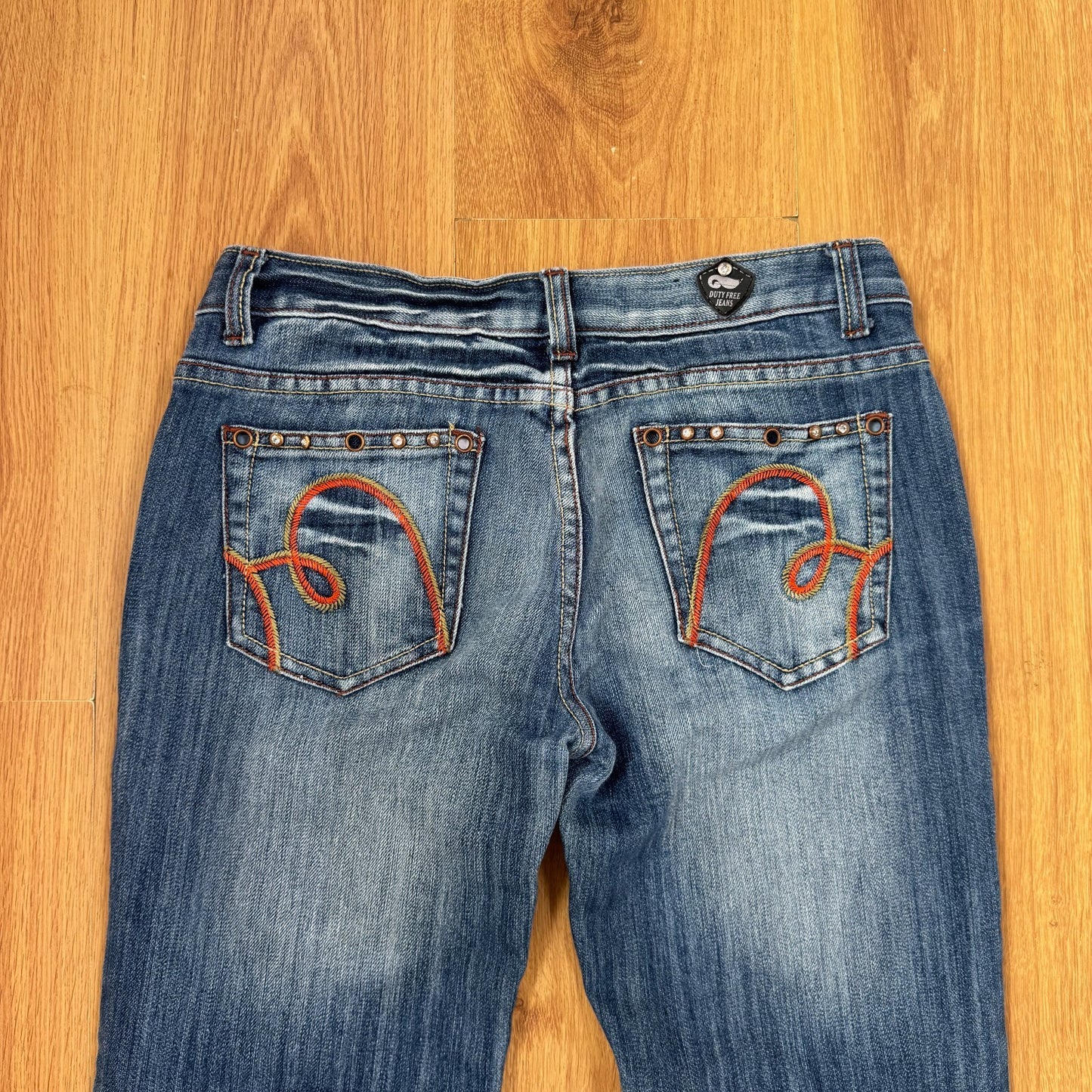 Y2K vintage bootcut denim jeans low rise rhinestones embroidered pockets faded