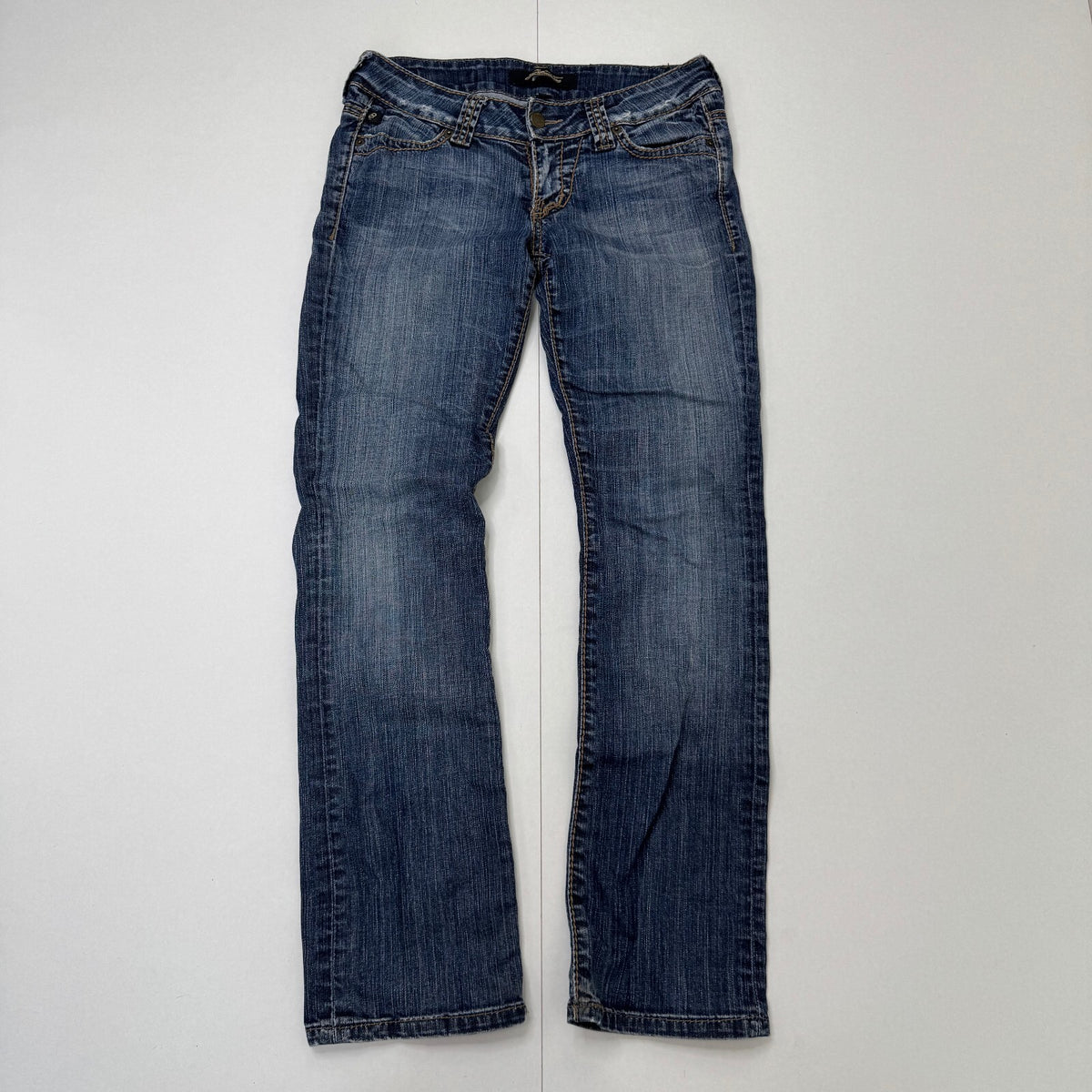 Y2K vintage low rise bootcut denim jeans mid blue faded wash studded distressed