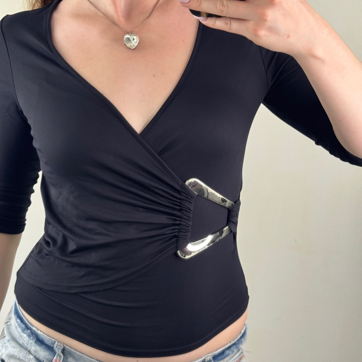 Y2K vintage 3/4 sleeve top slinky buckle ruched deep v neck fitted black stretch