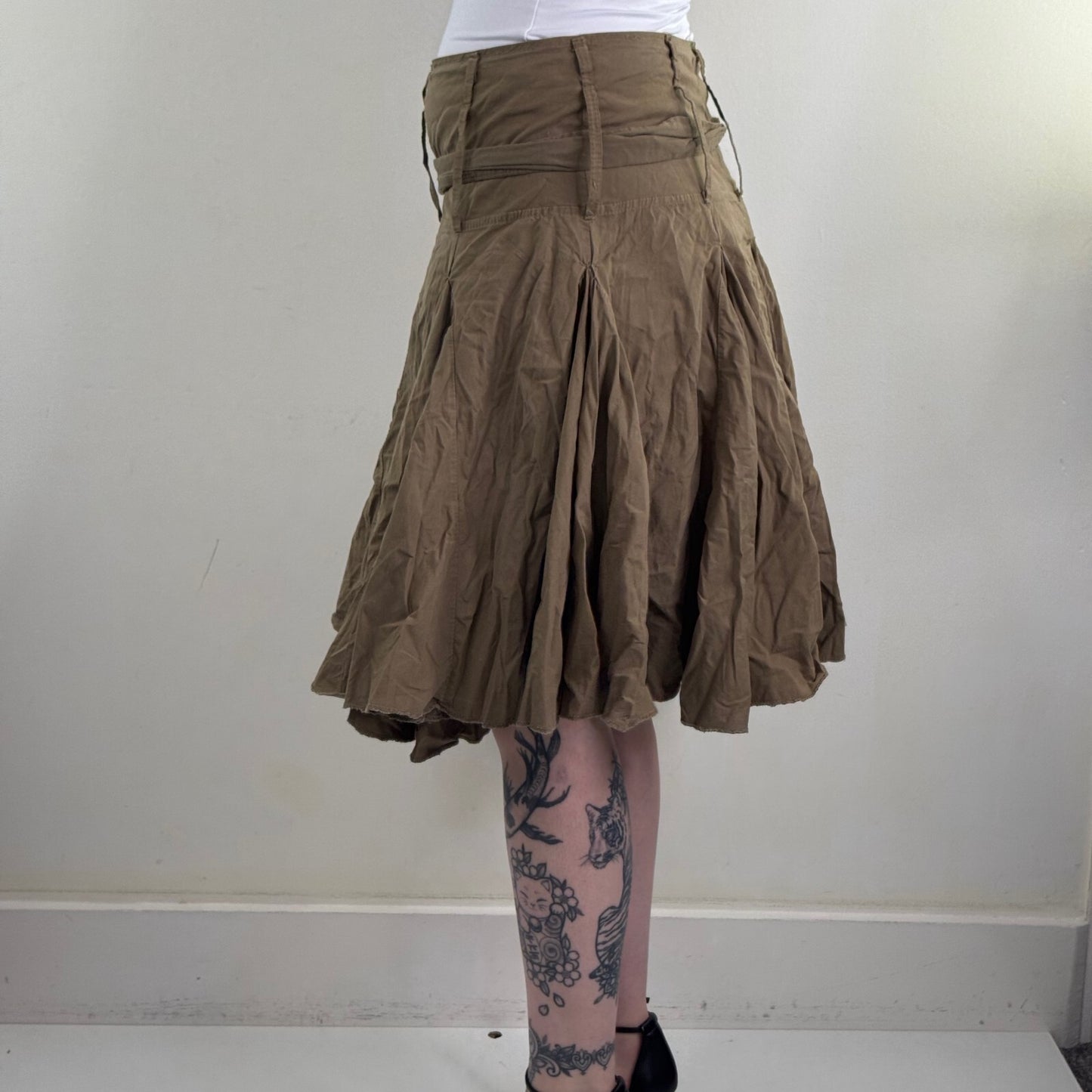 Y2K vintage midi skirt a line ruffle khaki gathered adjustable bow knee length