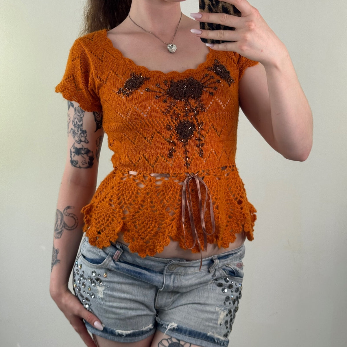 Y2K vintage mohair knit short sleeve top beaded floral embellished sheer bow
