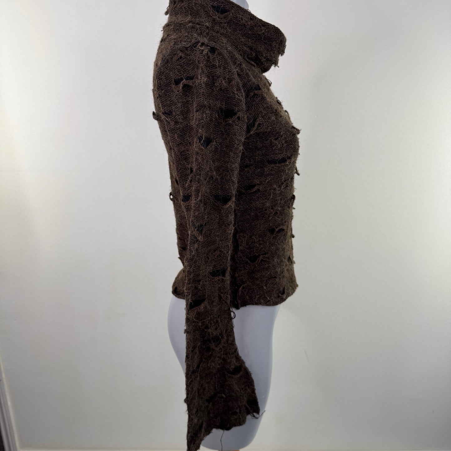 Y2K vintage wool blend jumper asymmetrical roll neck flare sleeve distressed