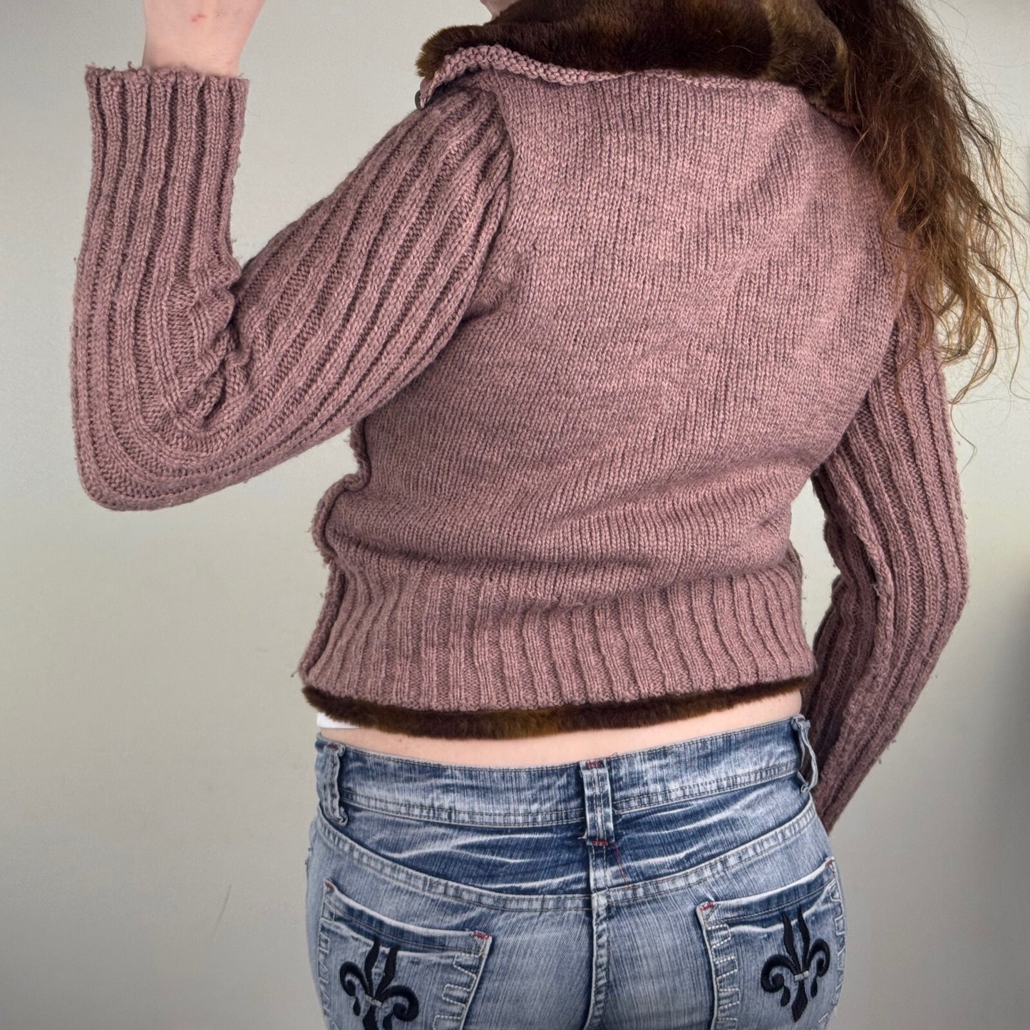 Y2K vintage Miss Sixty zip up jumper chunky knit wool high roll neck faux fur