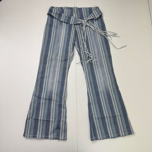 Y2K vintage tailored bootcut trousers pinstripe belt fringe blue stretchy