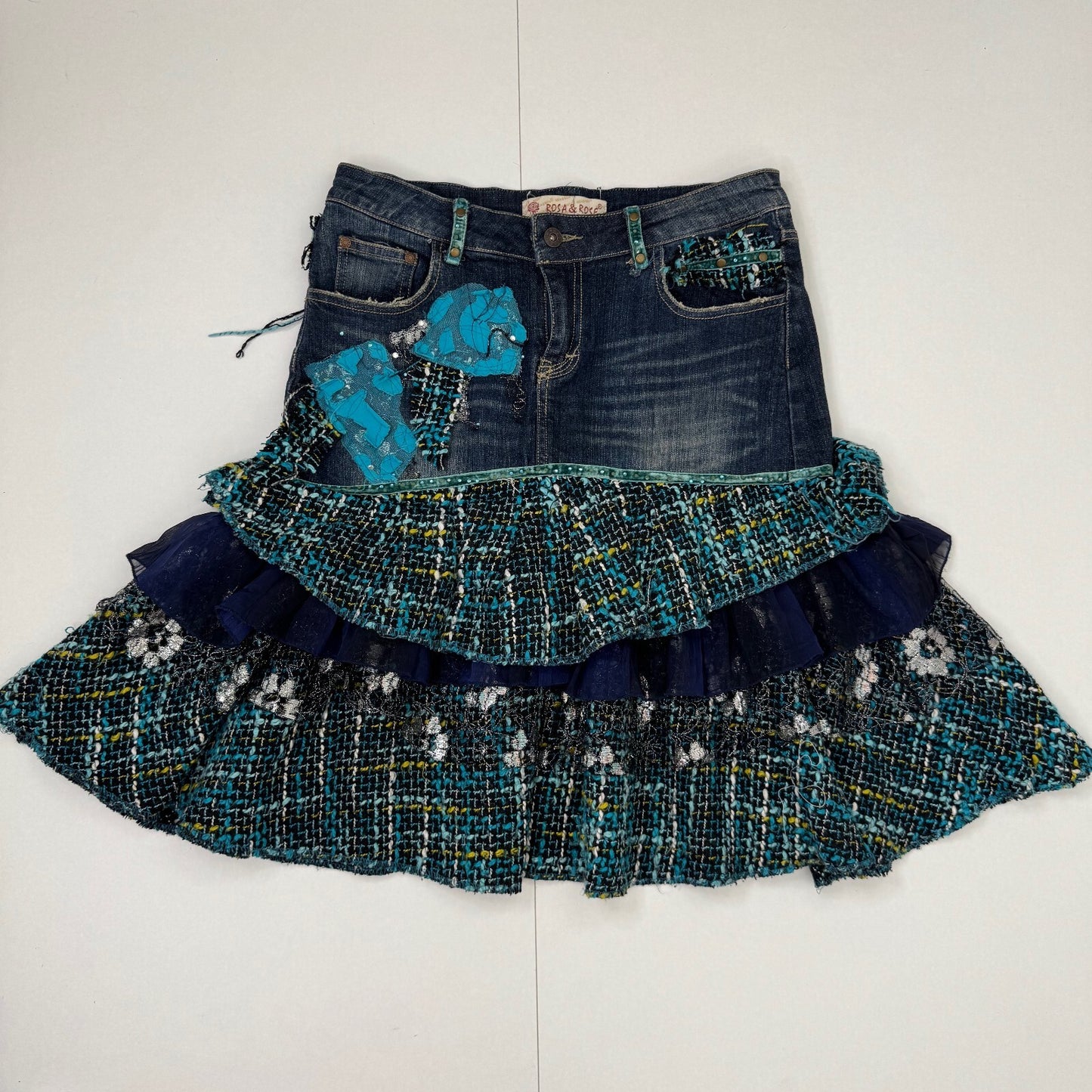 Y2K vintage midi skirt denim tartan patchwork tiered floral layered boho faded