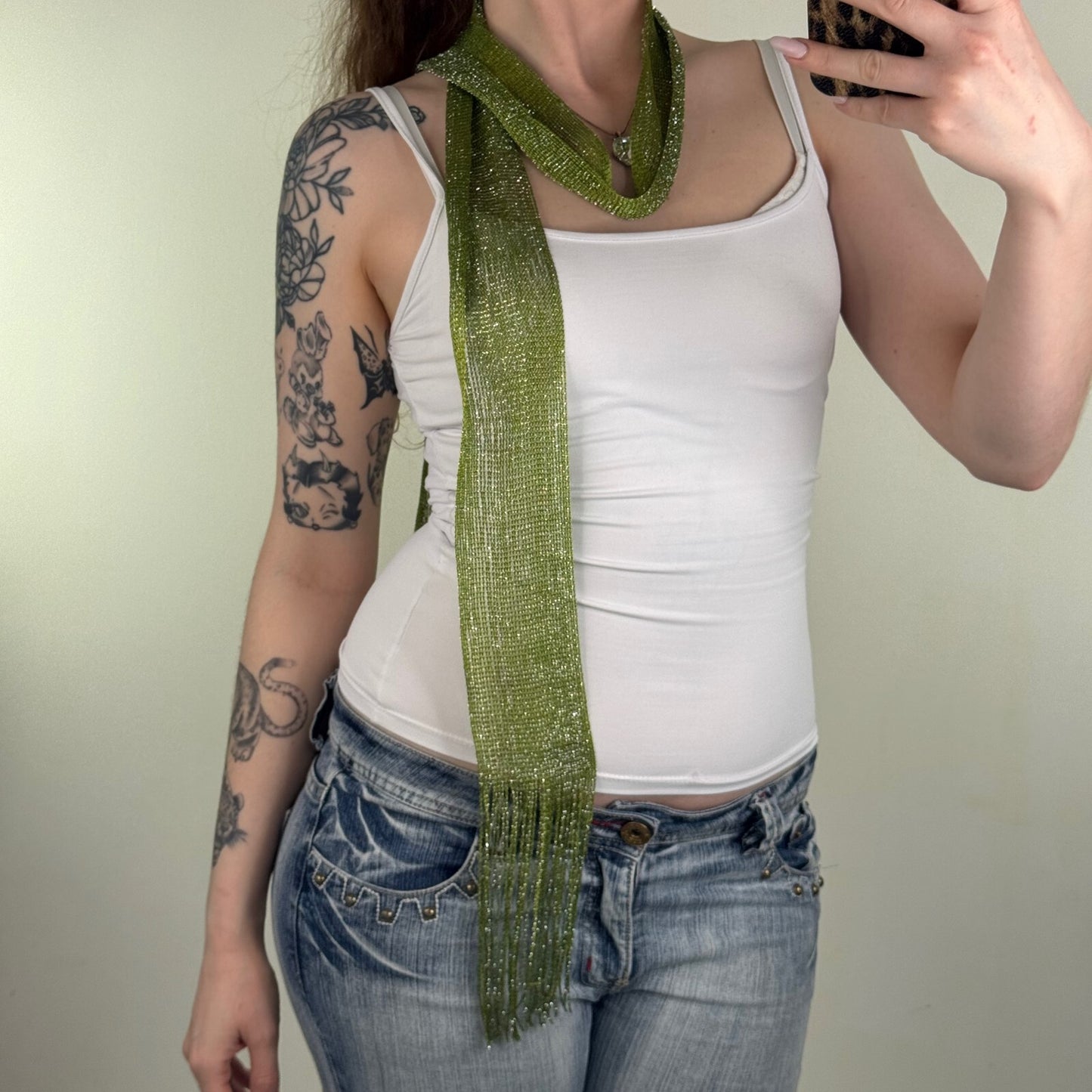 Y2K vintage scarf skinny thin sparkly glitter fringe green sheer knit
