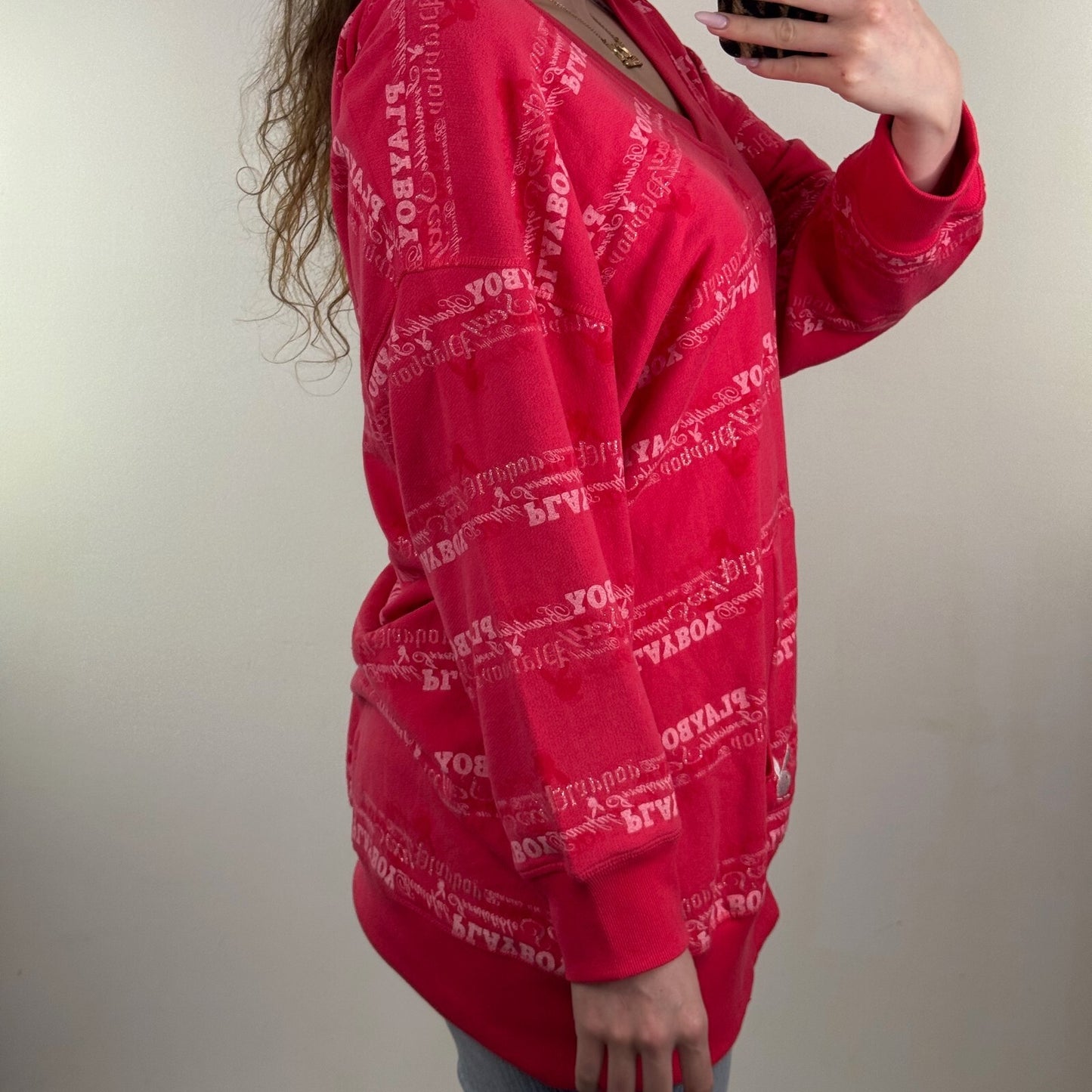 Y2K vintage Playboy hoodie v neck sparkly text 3/4 length sleeve