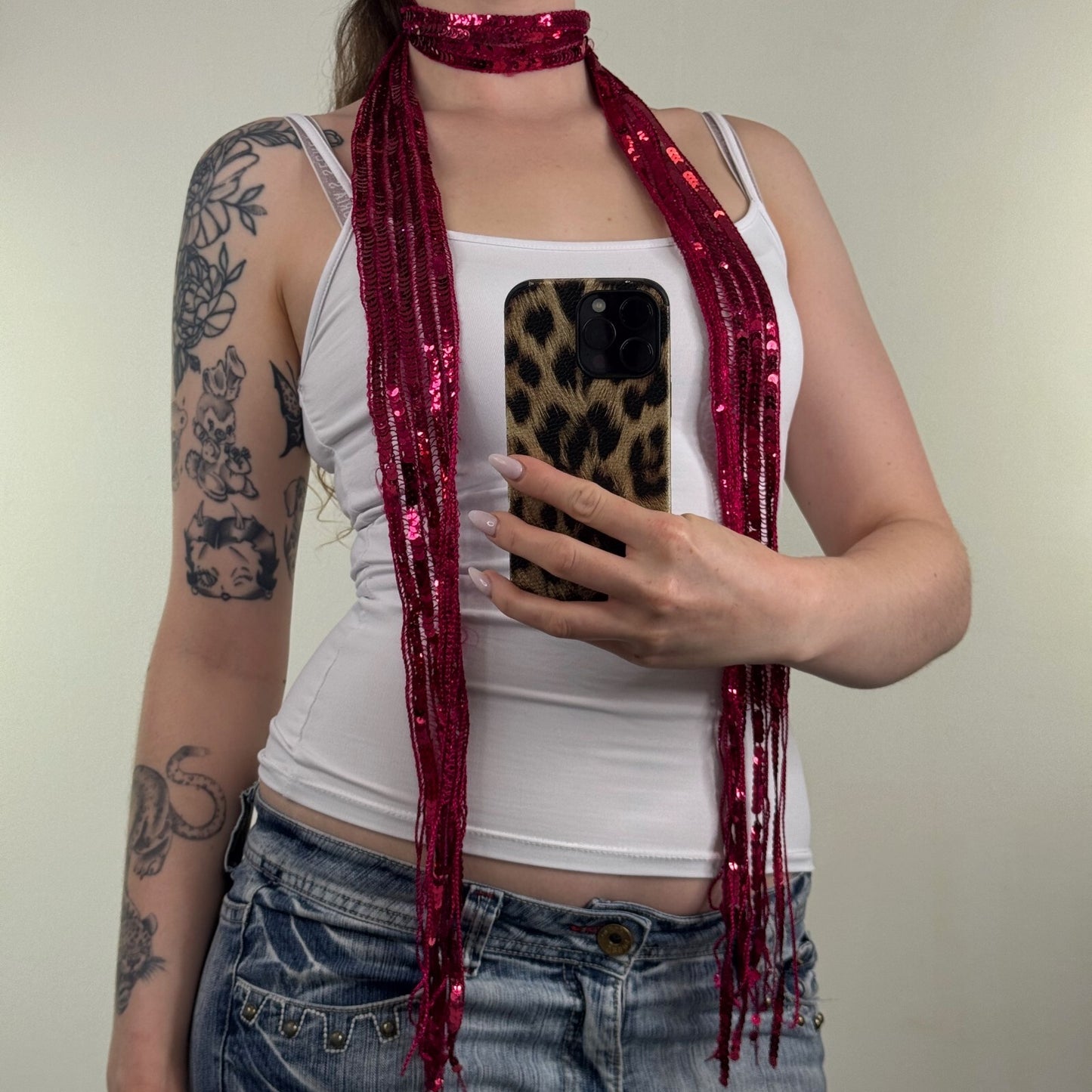 Y2K vintage sequin skinny scarf thin sheer