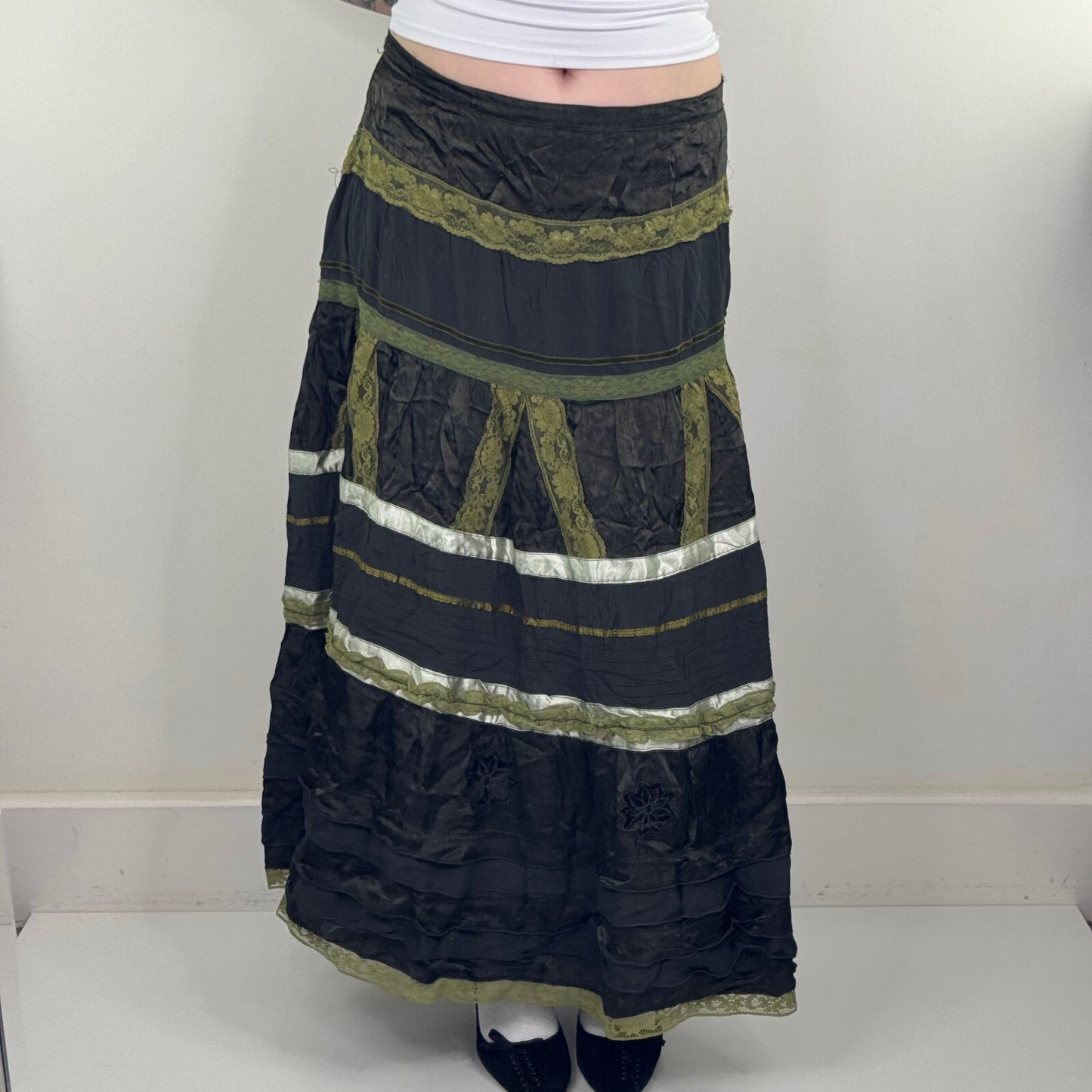 Y2K vintage maxi skirt boho patchwork lace tiered a line dark green