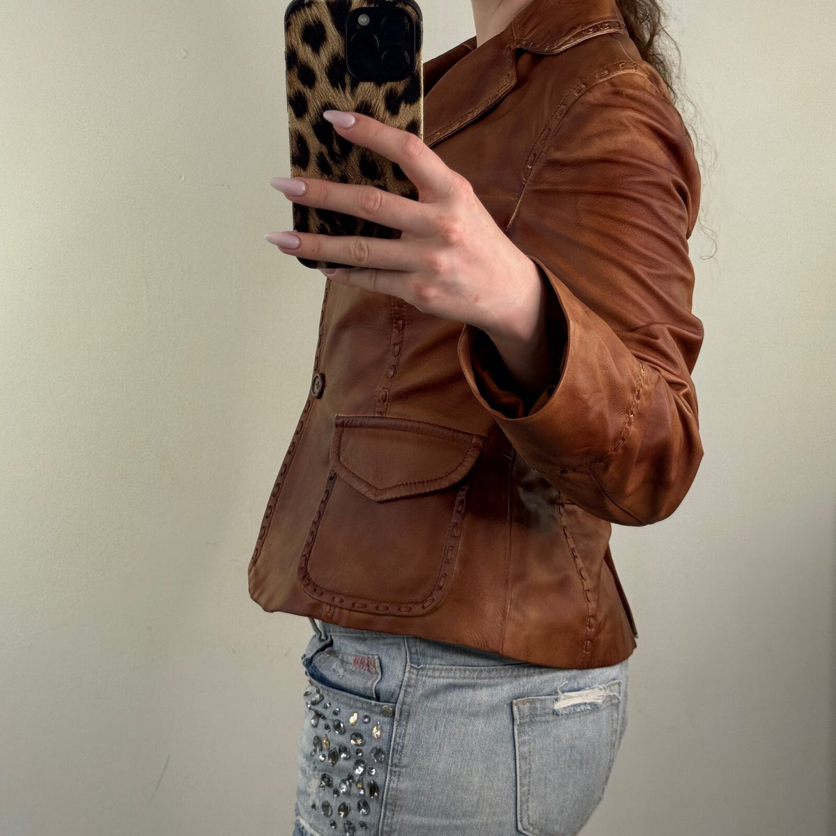 Y2K vintage genuine leather jacket button faded whipstitch burnished tan blazer