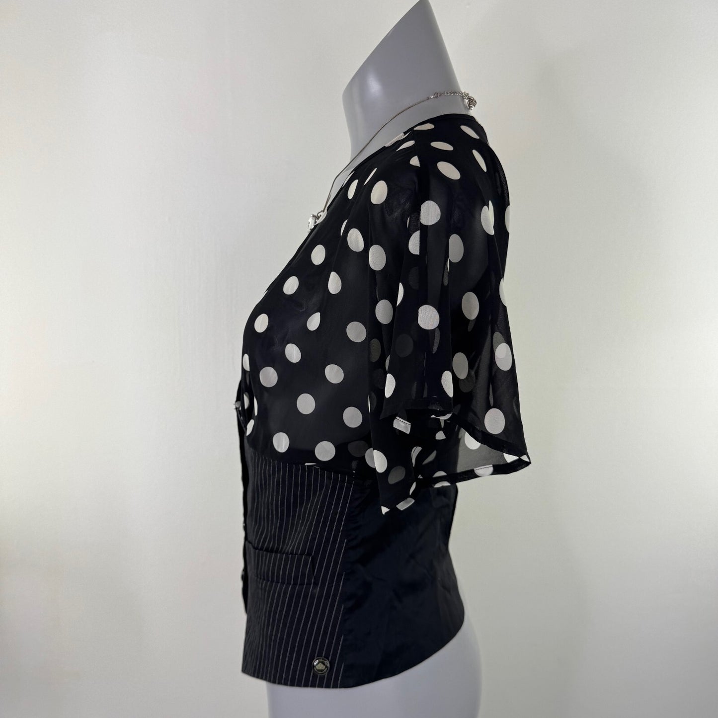 Y2K vintage blouse short flare sleeve polka dot sequin waistcoat button up sheer
