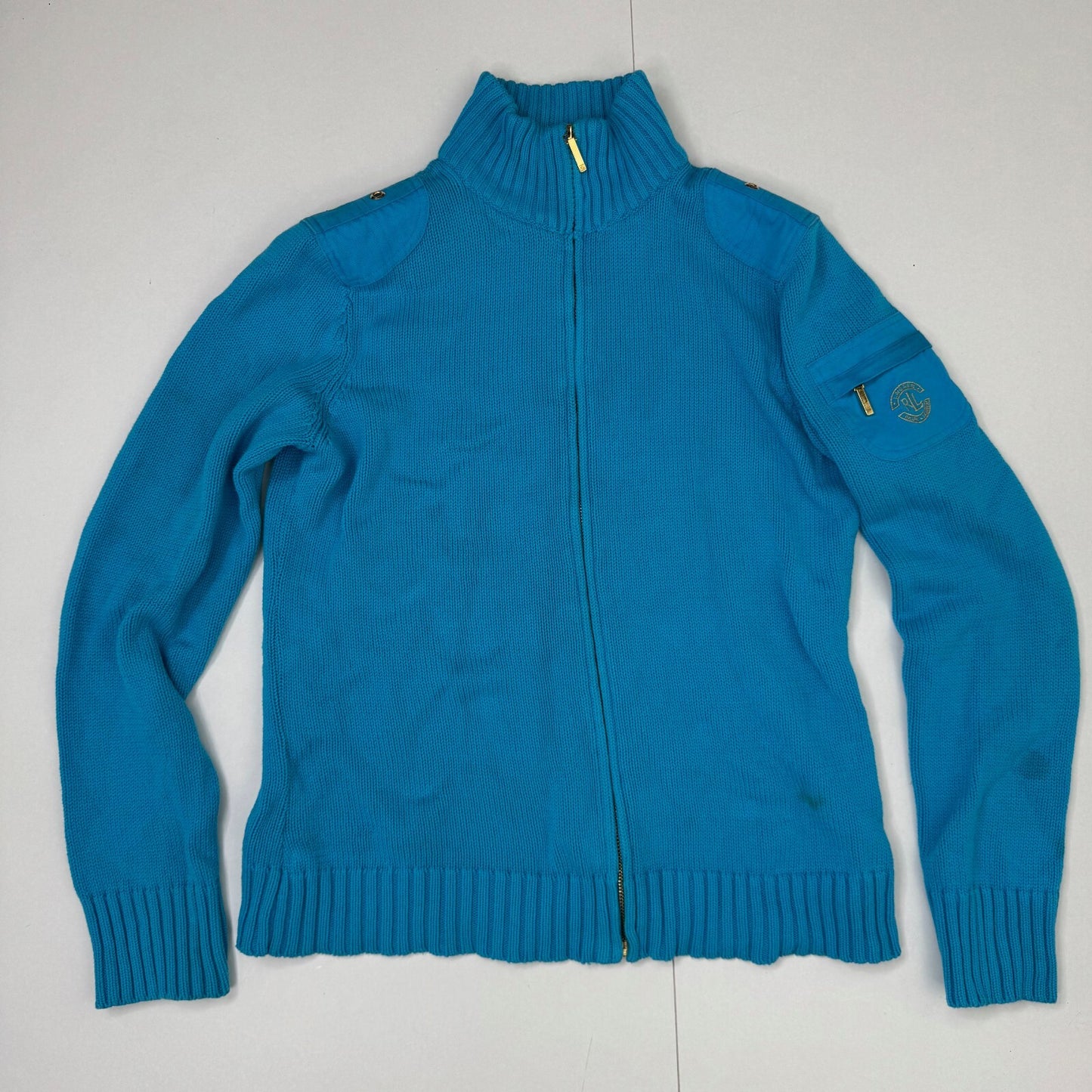 Y2K vintage Lauren Ralph Lauren zip up jumper knit cargo pocket high neck blue