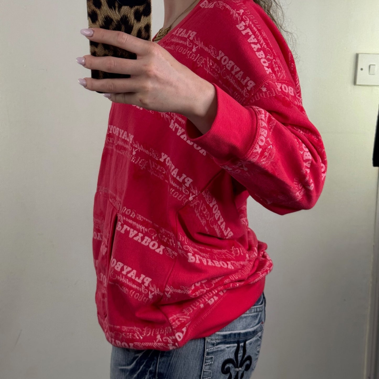 Y2K vintage Playboy hoodie v neck sparkly text 3/4 length sleeve