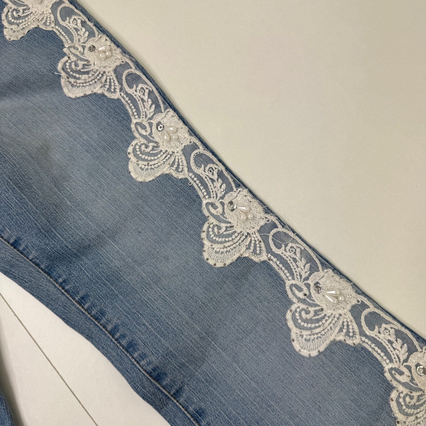 Y2K vintage bootcut denim jeans lace trim detail coquette beaded mid rise