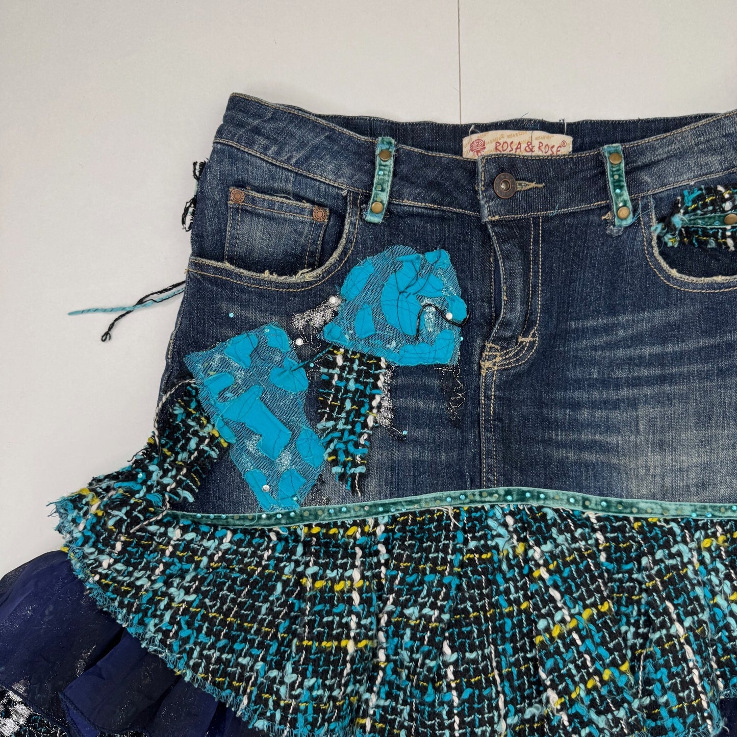 Y2K vintage midi skirt denim tartan patchwork tiered floral layered boho faded