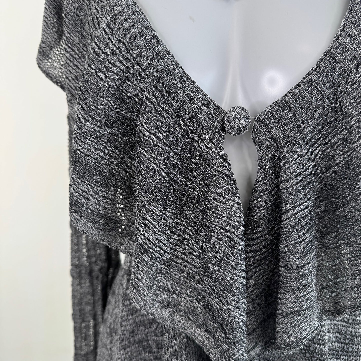 Y2K vintage fine knit cardigan frilly flare sleeve ruffle marl grey sheer v neck