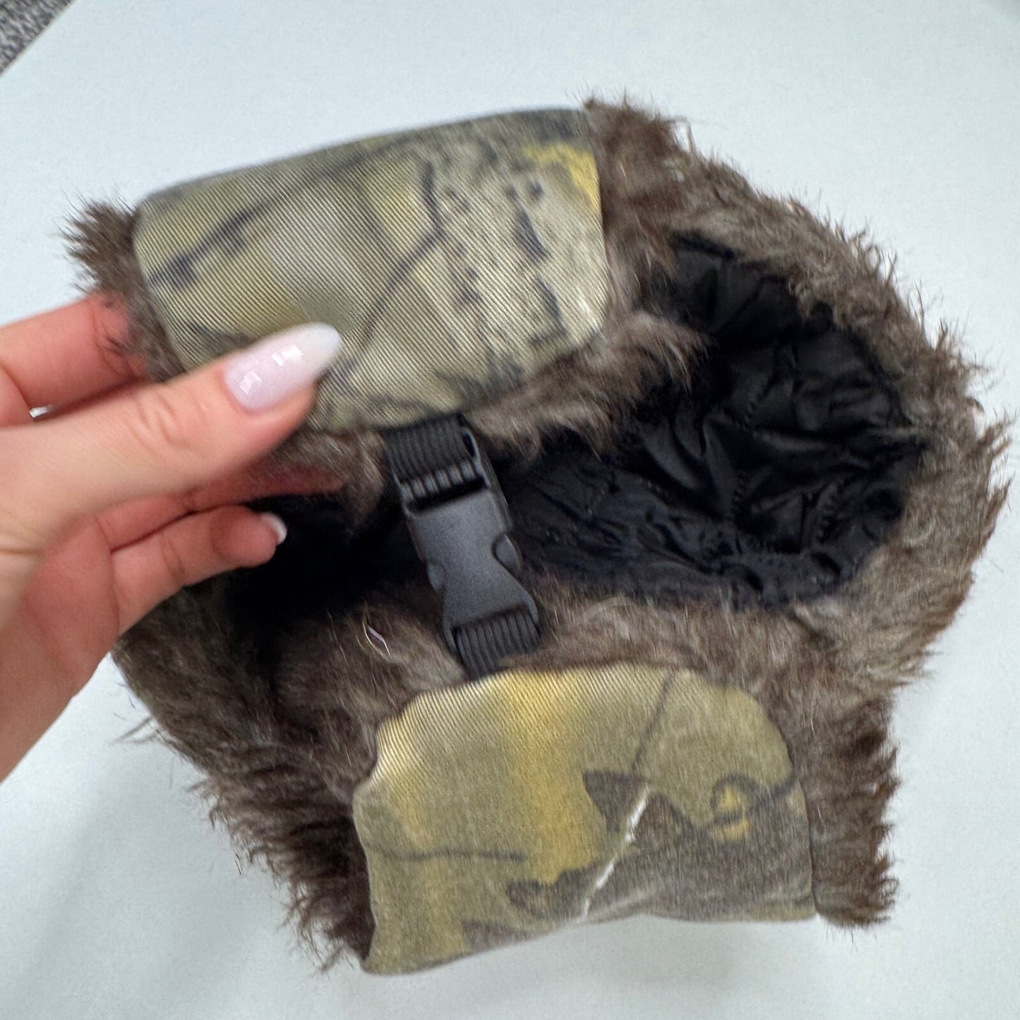 Y2K vintage trapper hat faux fur trim camo print unisex
