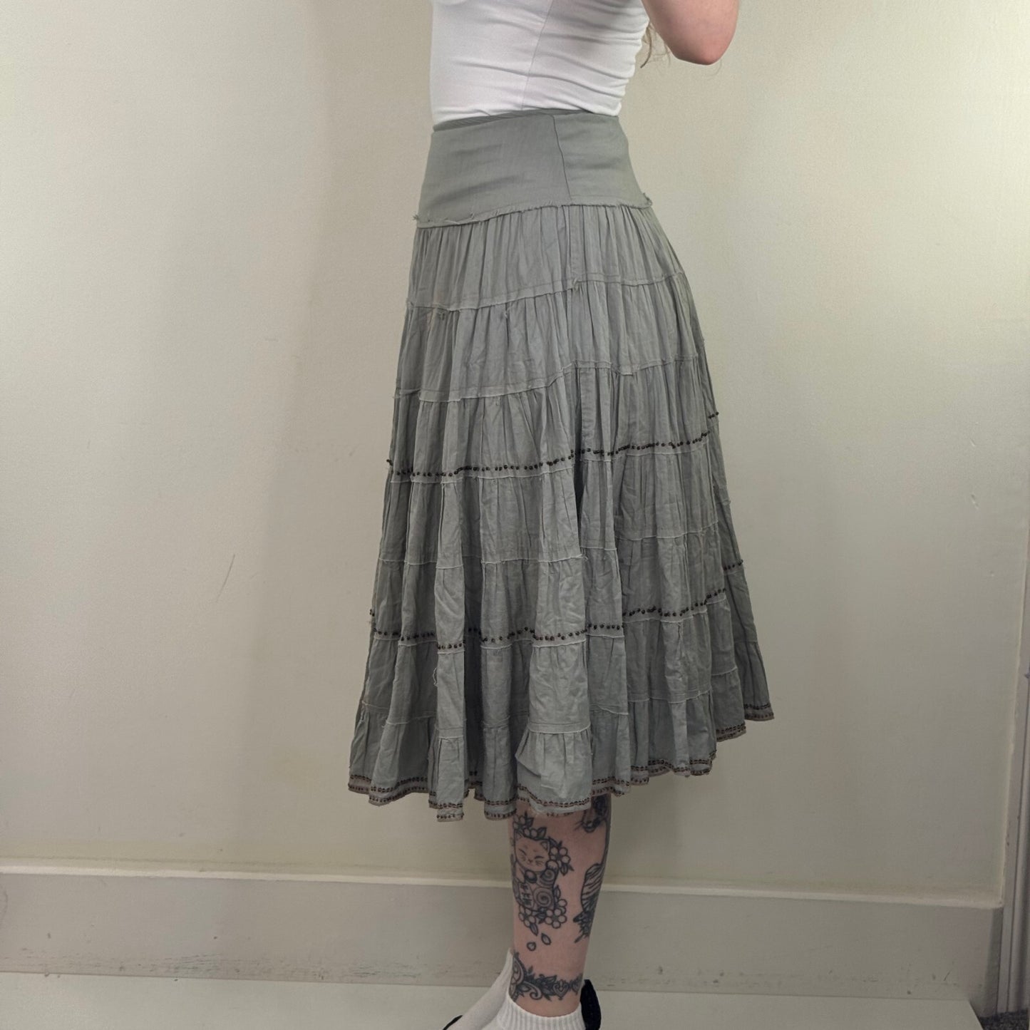 Y2K vintage maxi skirt tiered beaded a line boho summer fraying hem summer