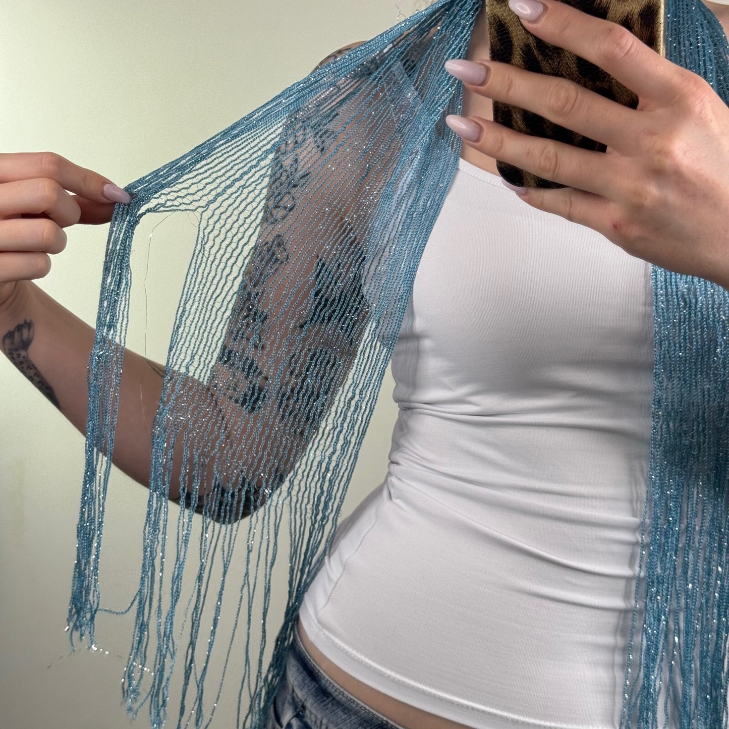Y2K vintage scarf skinny thin sheer fine knit light blue fringe sparkly glitter
