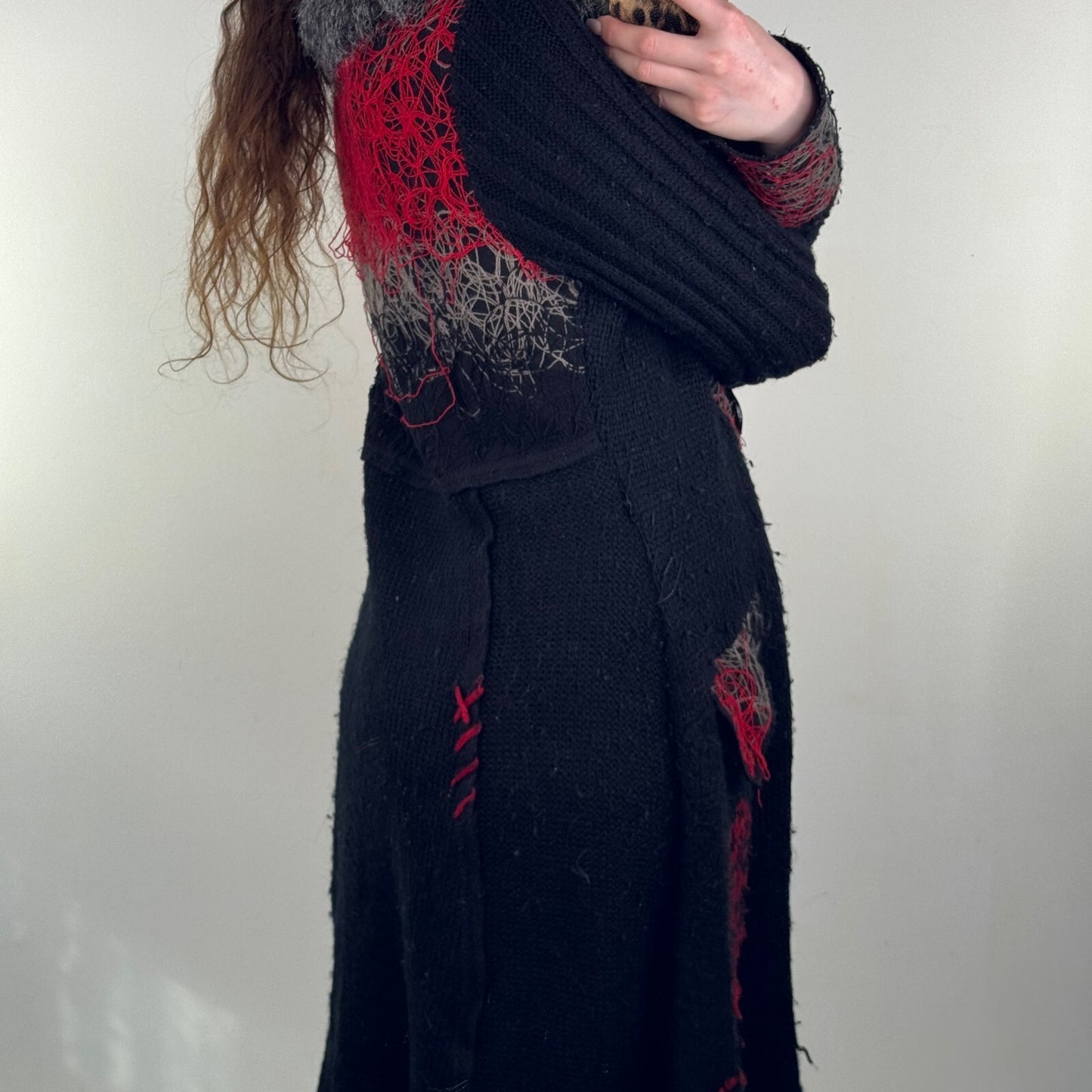 Y2K vintage cardigan wool blend chunky knit faux fur trim collar long floral