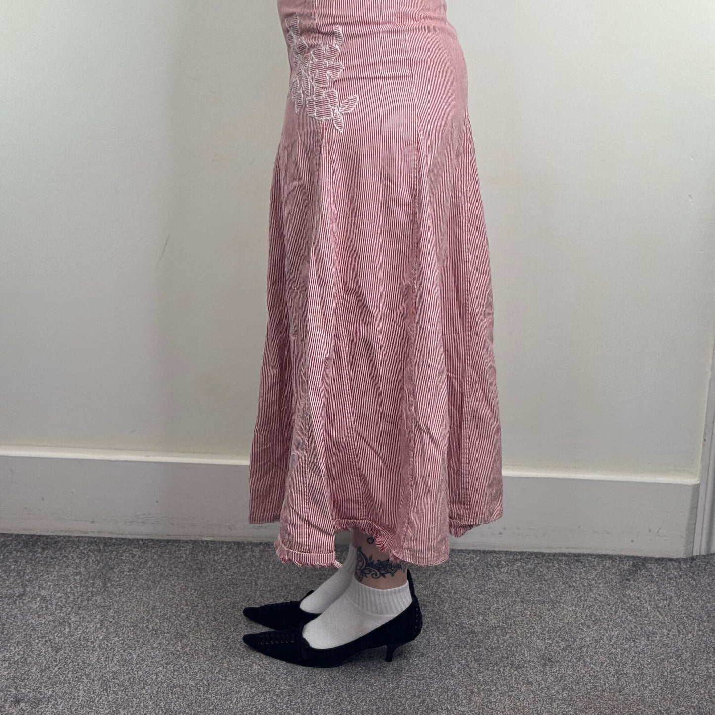 Y2K vintage Per Una maxi skirt cotton pinstripe a line floral embroidered boho