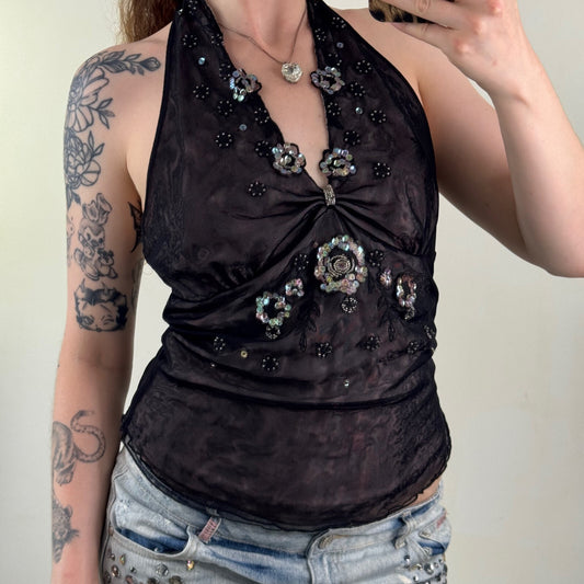 Y2K vintage halter neck top mesh floral sequin beaded embellished ruched v neck