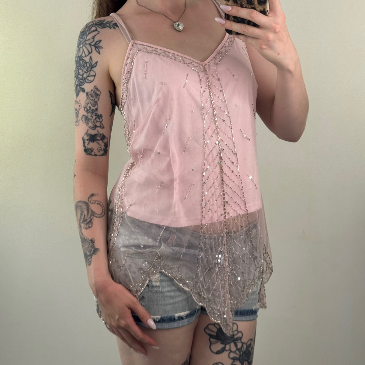 Y2K vintage fairy cami top beaded embellished baby pink mesh sequin coquette
