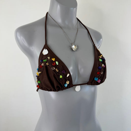 Y2K vintage bikini top halter neck beaded shell embellished bow