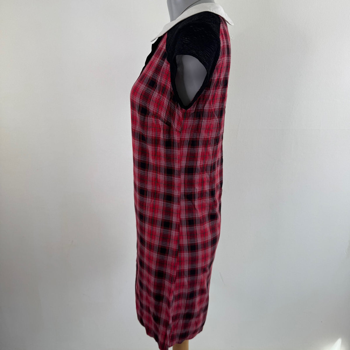 Y2K vintage tartan mini dress bow a line collar short sleeve sheer plaid print