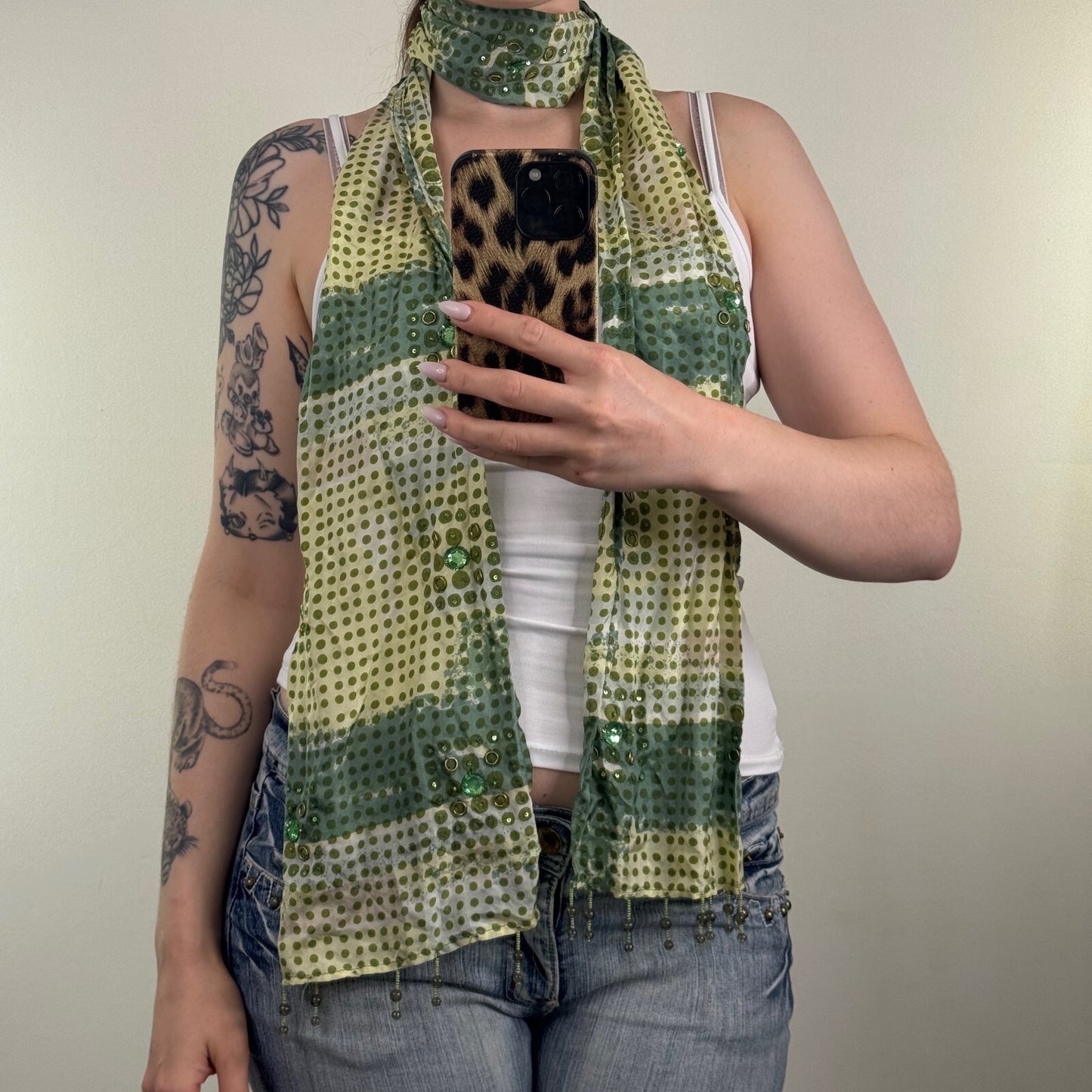 Y2K vintage Per Una scarf 100% silk polka dot sequin green stripe ombre