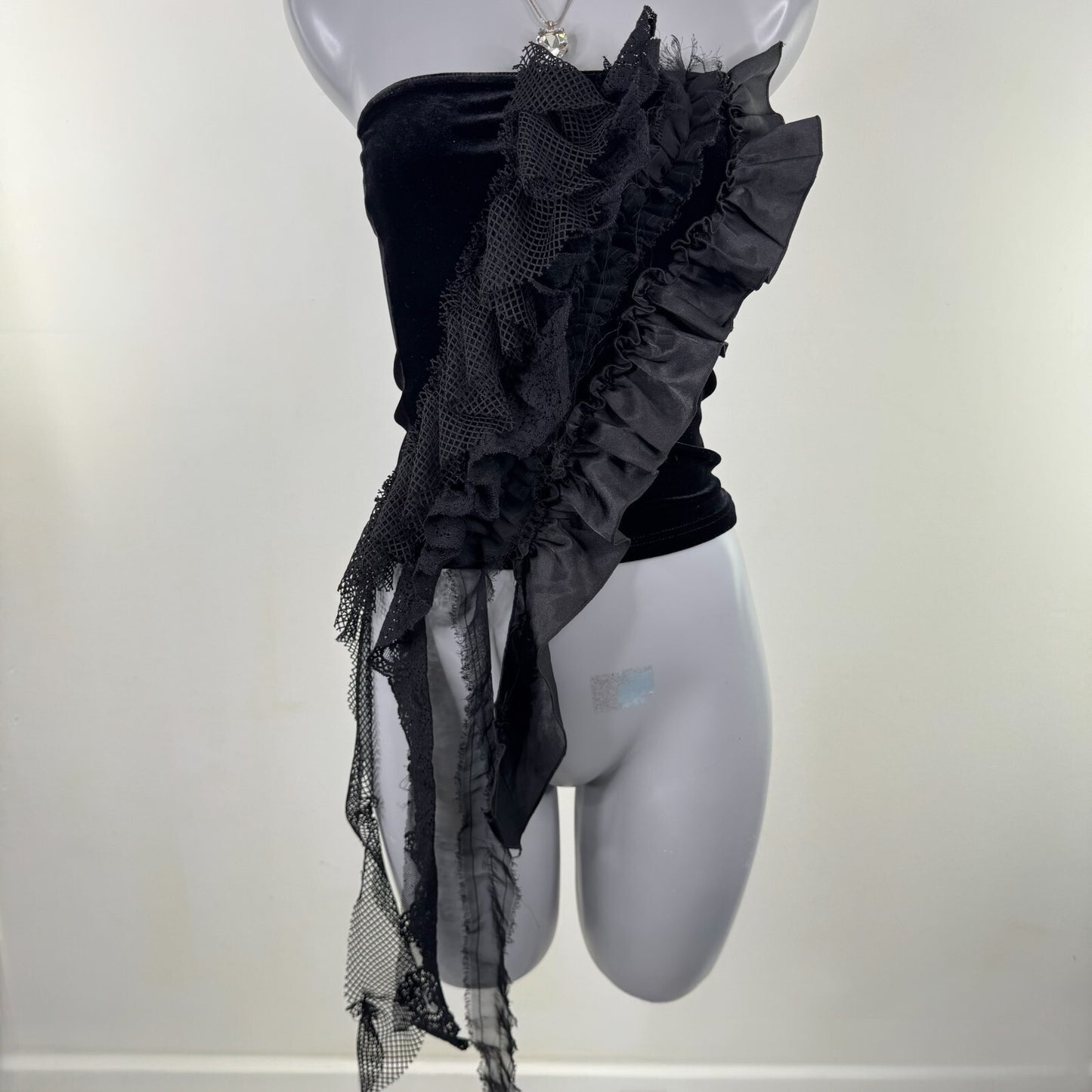 Y2K vintage strapless top ruffle velour fishnet ruched asymmetrical patchwork