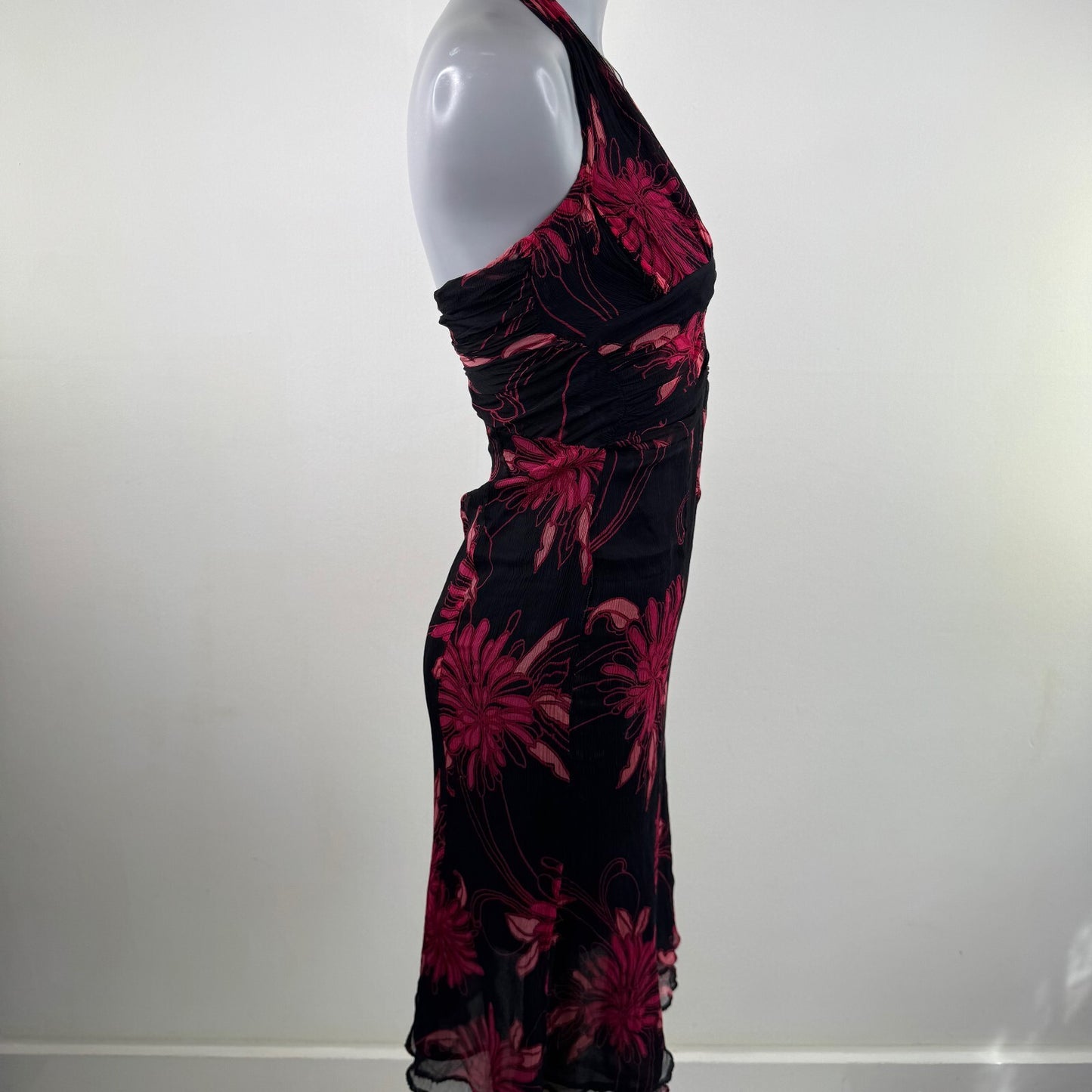 Vintage Karen Millen 100% silk midi dress halter neck floral occasion y2k 2000s